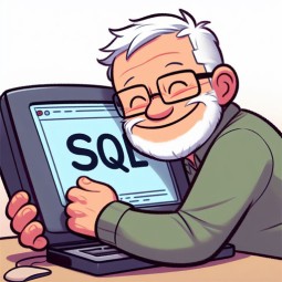 Cartoon of a man cuddling a monitor with SQL displayed on it